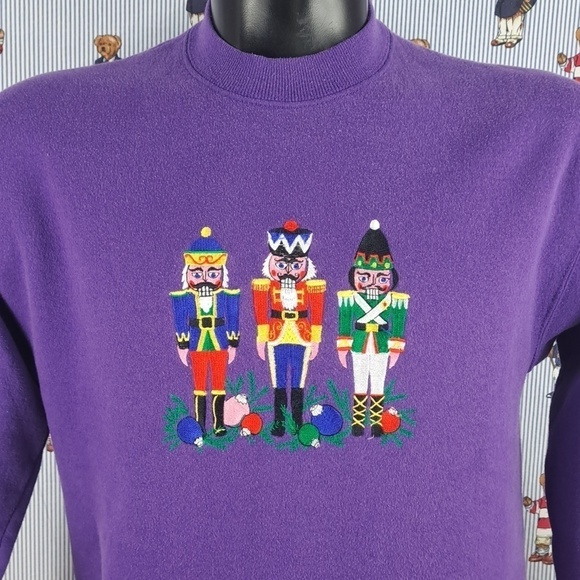 Other - Vintage 90s embroidered Christmas nutcrackers purple LG pullover sweatshirt